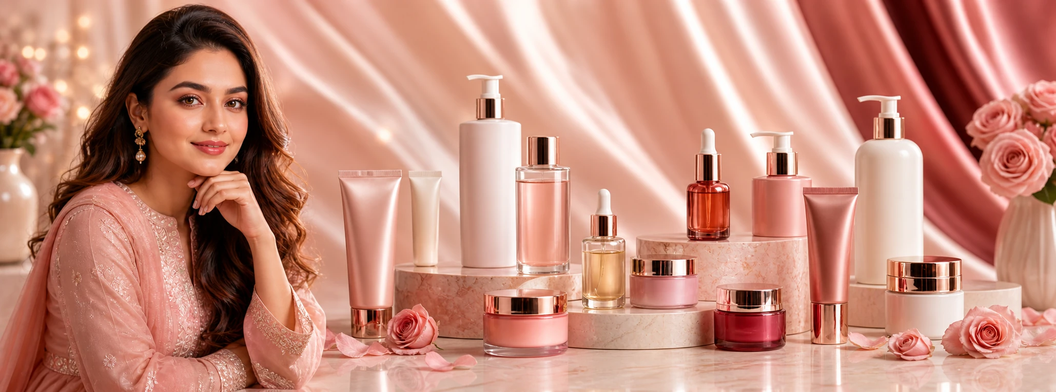 Elegant beauty model beside a curated collection of skincare products