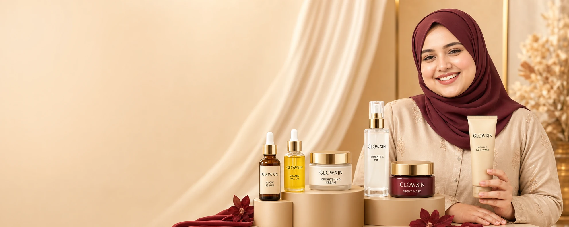 Smiling hijabi model with Glowxin glow-care products
