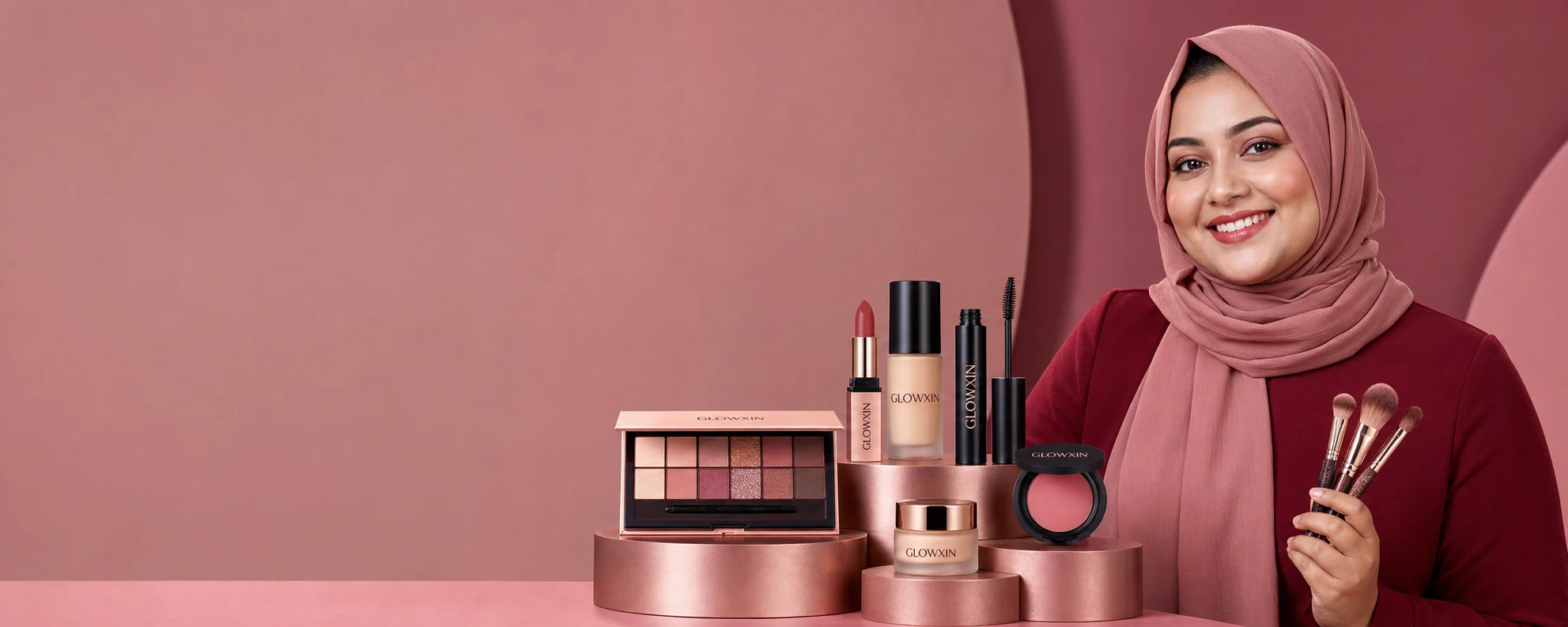 Smiling hijabi model with Glowxin makeup products