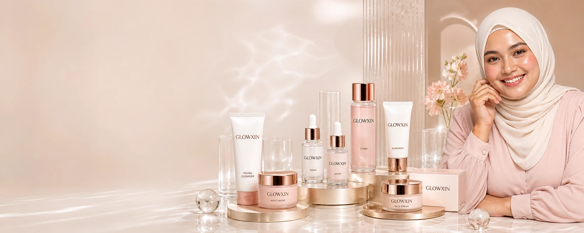 Smiling hijabi model with Glowxin skincare and face-care products