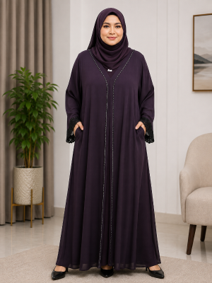 Royal Plum Lace Detail Borka with Hizab