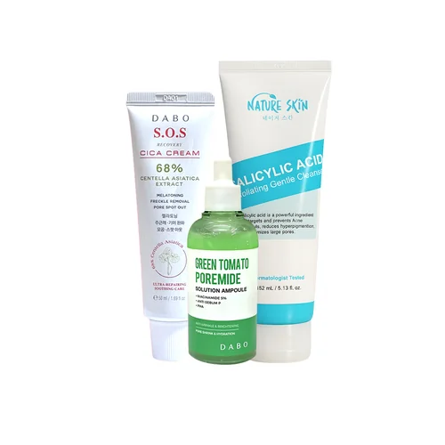 Sensitive Skin Care Combo: S.O.S Recovery CICA Cream, Nature Skin Salicylic Acid, Green Tomato Ampoule